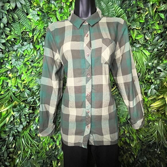 Isaac Mizrahi Live Tops Women 6‎ Green Button Shirt Blouse Collared Plaid 0534 - Picture 4 of 13